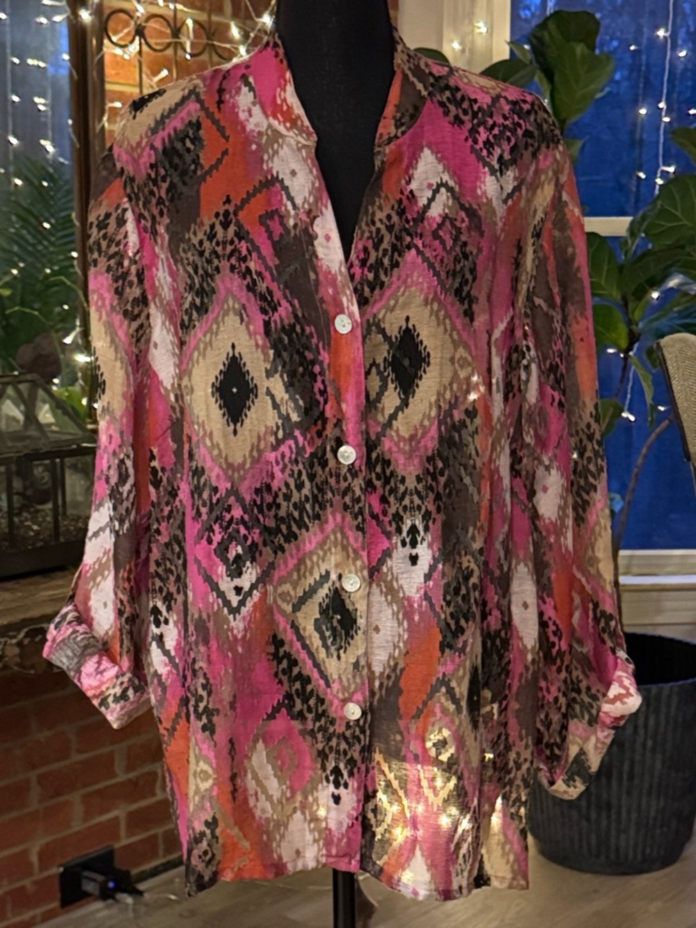 Ruby Rd. Pink, Orange & Black Abstract Button Front Top